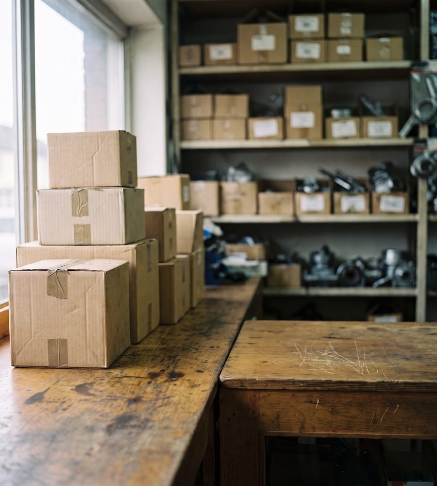 Parts counter with boxed references ready for dispatch