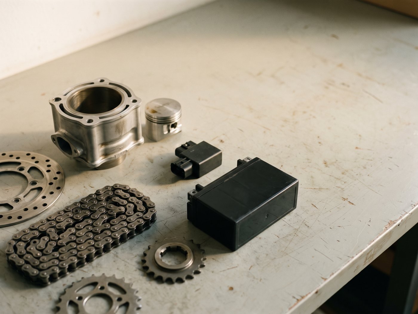 Representative motorcycle parts arranged as a coordinated multi-system order